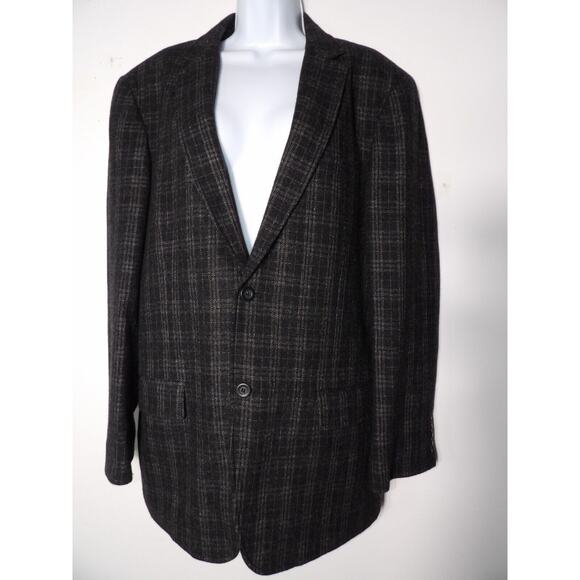 Kenneth Cole Reaction Mens Blazer Large 42 Wool Plaid Black Tweed Sport Coat - Picture 1 of 13